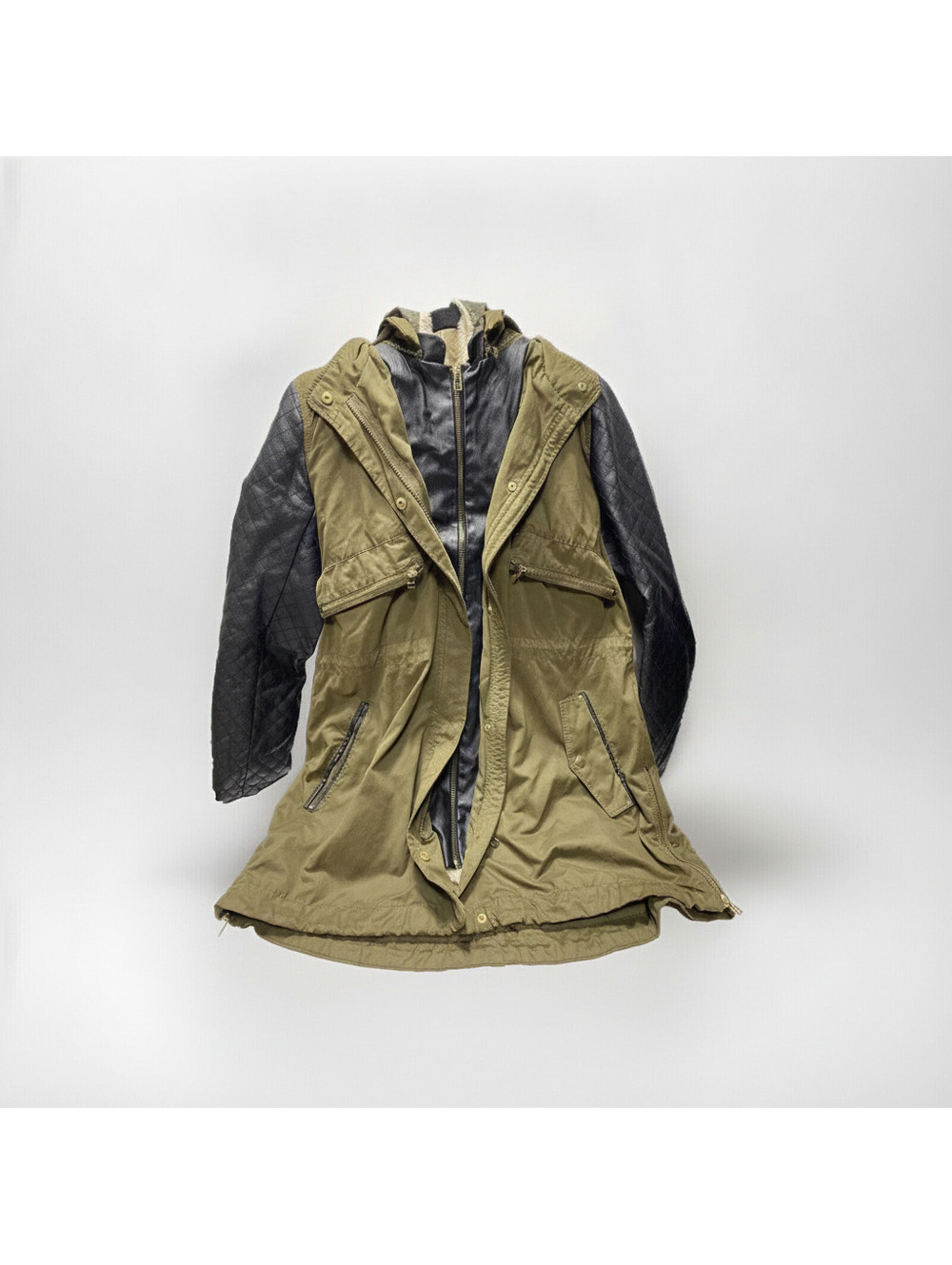 Zara Green Khaki Leather Trim Parka Coat L Winter Fall **As Is Broken Zipper**